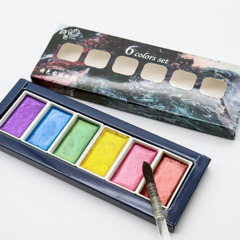 Watercolor Paint Set Solid Pigment - 6-kolorowy, rozpuszczalny w wodzie metaliczny perłowy