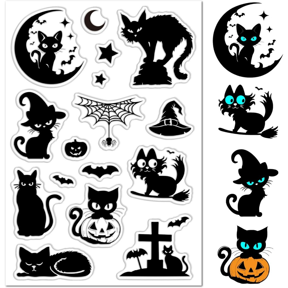 Clear Silicone Stamps For Card Making - Halloweenowe czarne koty, przezroczyste gumowe stemple,